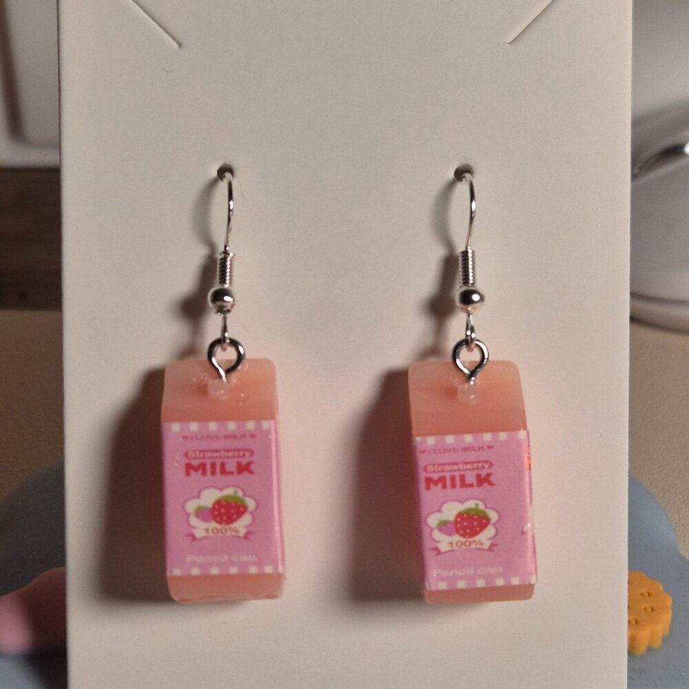 Kawaii Strawberry Milk Carton Earrings ~ Cute Aesthetic Dangle Earrings